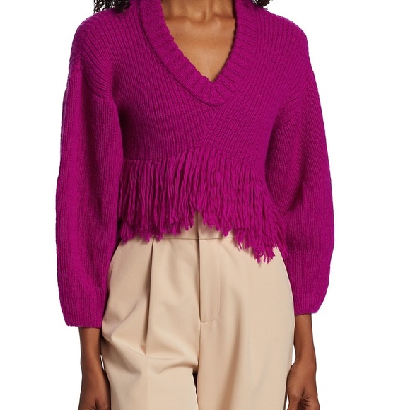 Alejandra Alonso Rojas. Cashmere Wool Blend Vee Neck Sweater w/ Fringe. Cropped. - Picture 2 of 13
